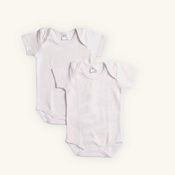 Kit Body Bebê Manga Curta Branco e Branco em Suedine 100% Algodão 2un
