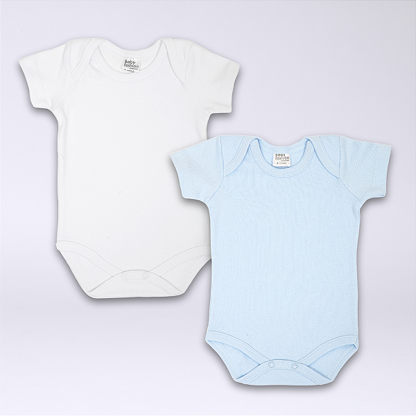 Kit Body Bebê Manga Curta Branco e Azul Claro Suedine 100% Algodão 2un