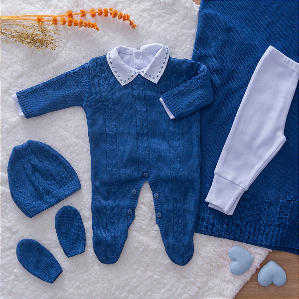 Saída Maternidade Menino Tricot Azul Jeans 6 Peças Premium
