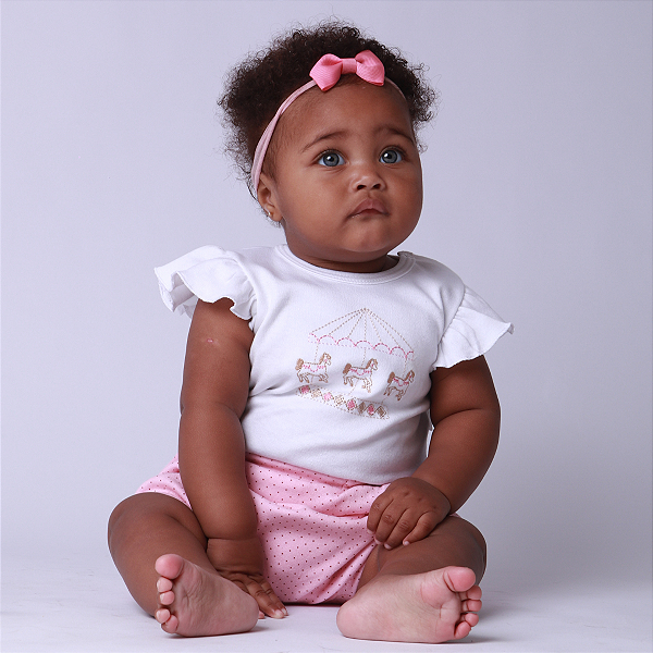 Conjunto Bebê Menina Body Carrossel Bordado Short Bufante Rosa