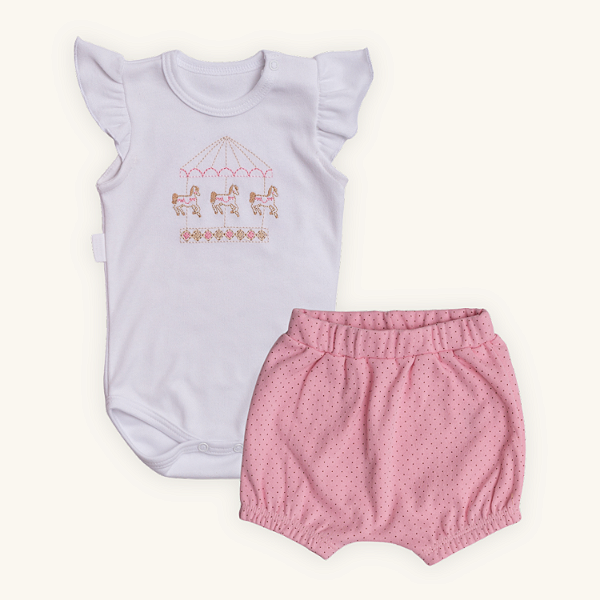 Conjunto Body 2 Peças Bebê Menina Carrossel Bordado Suedine Premium