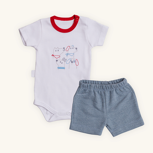 Conjunto Body 2 Peças Bebê Menino Cachorrinhos Bordado Suedine Jeans