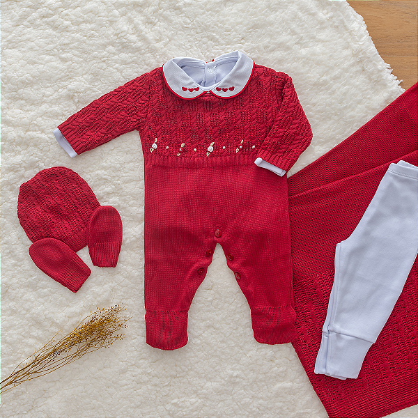 Saída Maternidade Menina Tricot Vermelho Rococó 6 Peças Premium