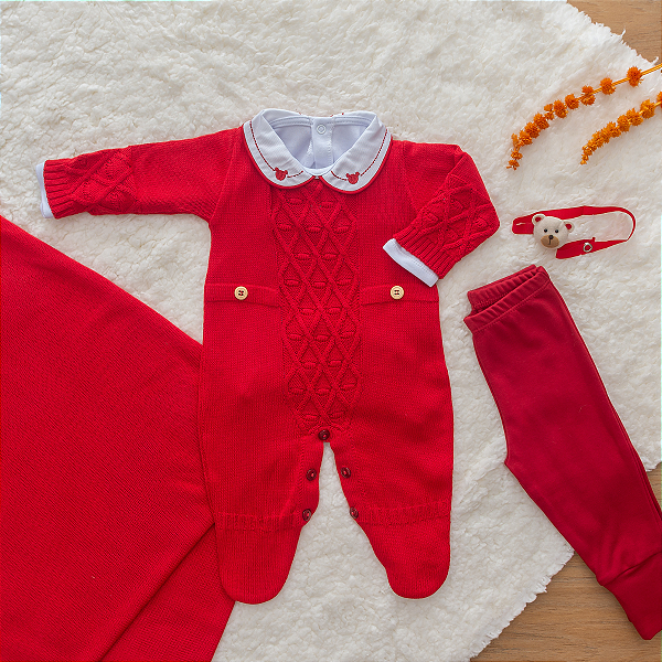 Saída Maternidade Menino Tricot Vermelho Ursinho 5 Peças Premium