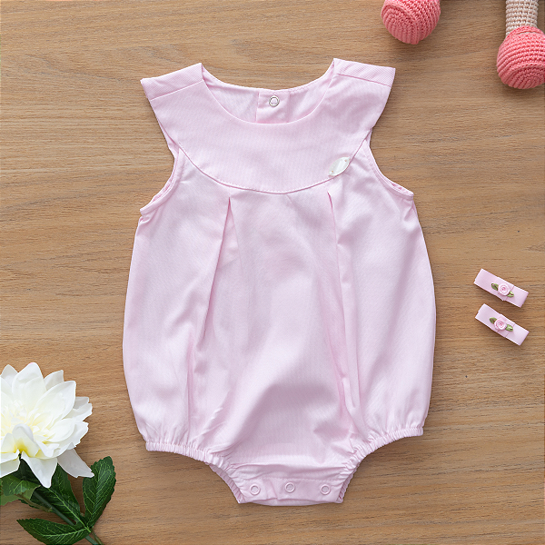 Macaquinho Romper Bebê Menina Chique Rosa em Tricoline 100% Algodão