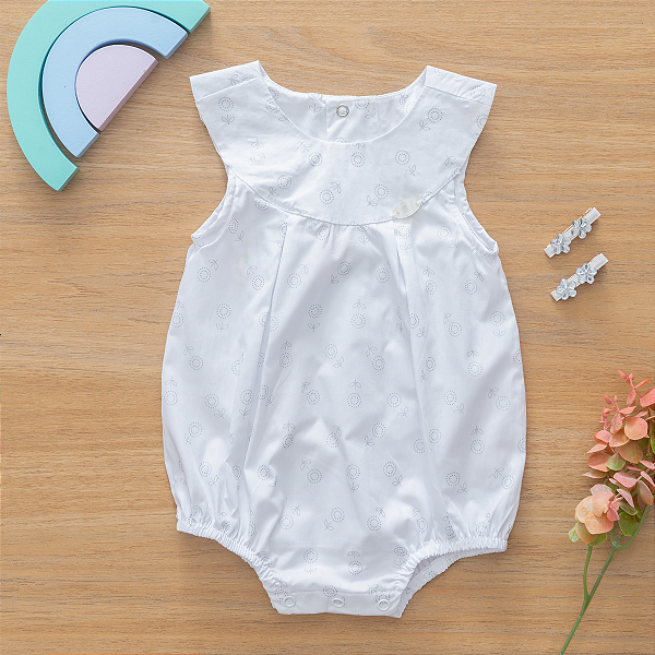 Macaquinho Romper Bebê Menina Chique Branco Tricoline 100% Algodão