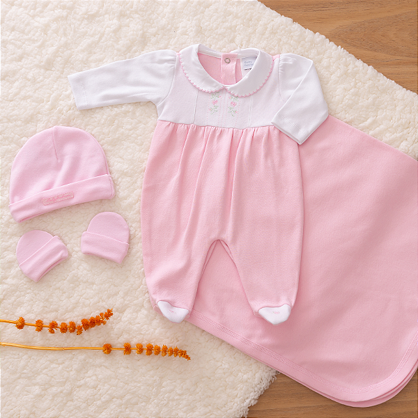 Saída de Maternidade Bebê Menina Rosa Suedine Bordado Floral 4 Peças
