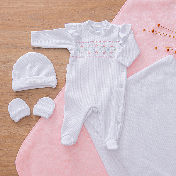Saída de Maternidade Bebê Menina Mini Tricot Floral Branco 4 Peças