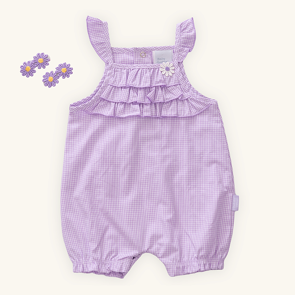 Romper Menina Tricoline 100% Algodão Premium Lilás Xadrez + Brinde