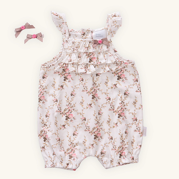 Romper Menina Tricoline 100% Algodão Premium Cru Floral + Brinde