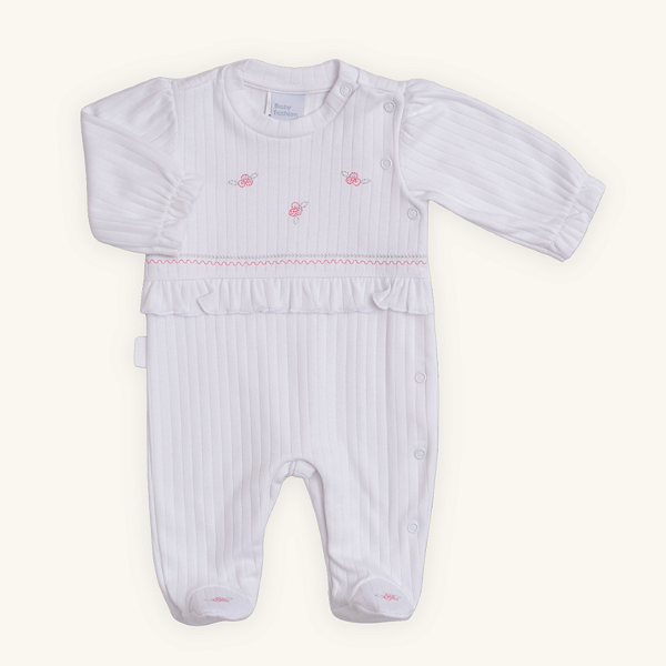 Macacão Bebê Menina Suedine 100% Algodão Premium Branco Bordado Floral