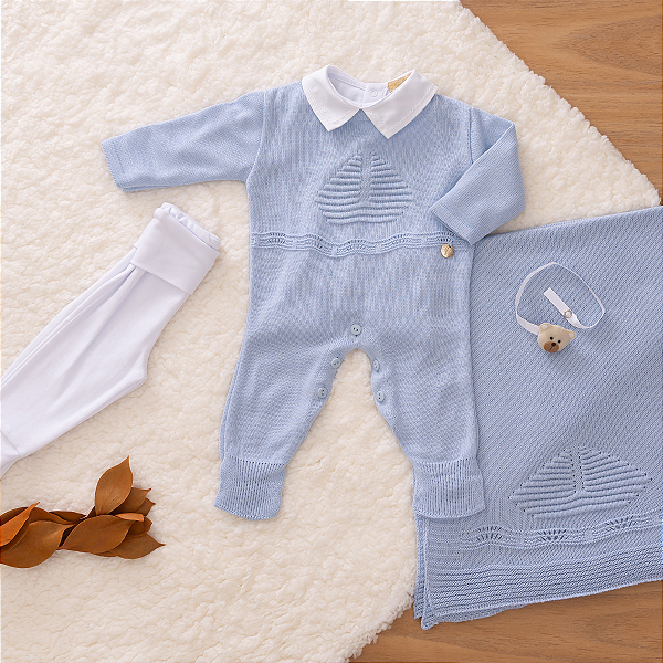 Saída de Maternidade Menino Azul Claro Barquinho Tricot 5 Peças Premium