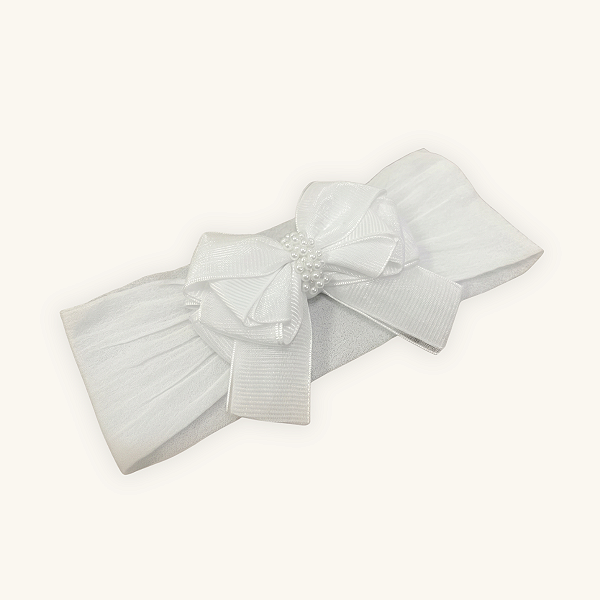 Faixa de Cabelo Bebê Meia de Seda Laço Duplo Pérolas Branco Chique