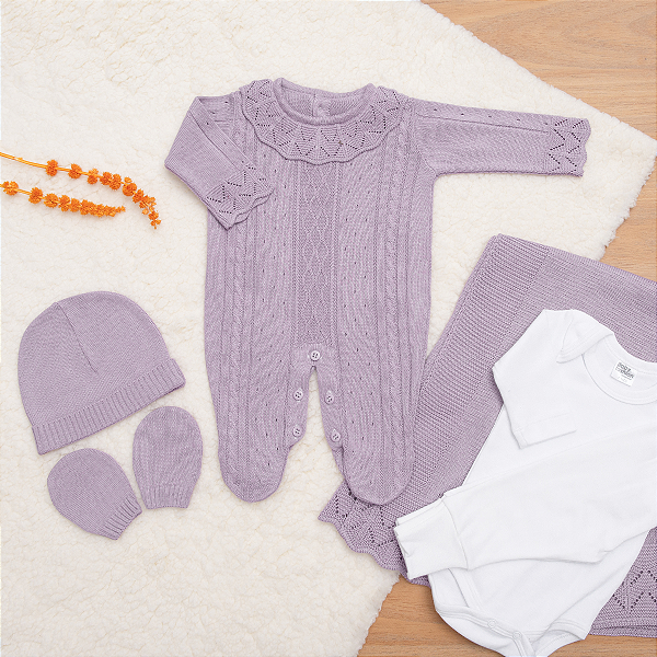 Saída de Maternidade Bebê Menina Tricot Lilás com Gola Rica 6 Peças