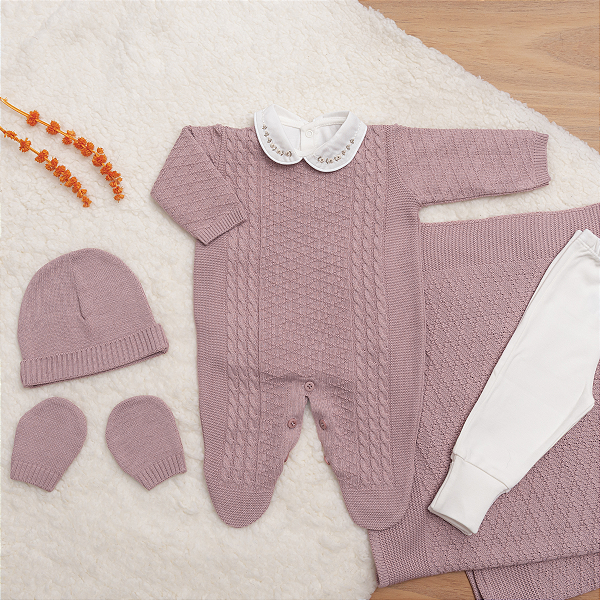 Saída de Maternidade Bebê Menina Tricot Rosa Antigo Tranças 6 Peças