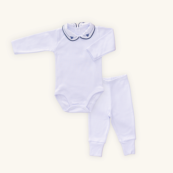 Kit Body Gola Bordado Ursinho + Calça Suedine Branco 100% Algodão