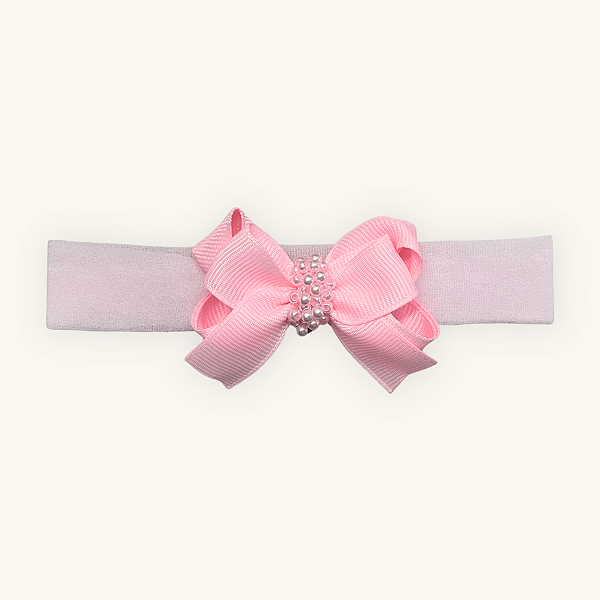 Faixa de Cabelo Bebê Laço Duplo Pérolas Rosa Meia Seda