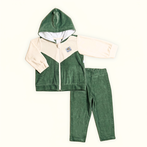 Conjunto 2 Peças Bebê Menino Capuz Plush Verde Cru Urso