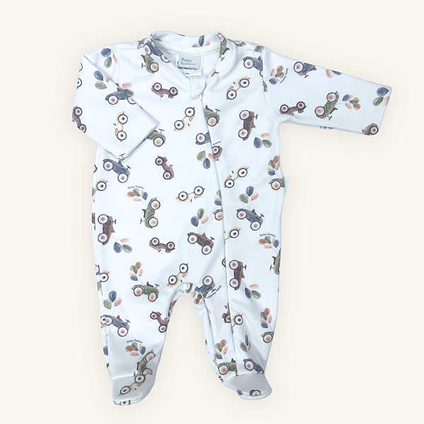 Macacão Bebê Soft Premium Zíper Carrinhos Vintage Pijama