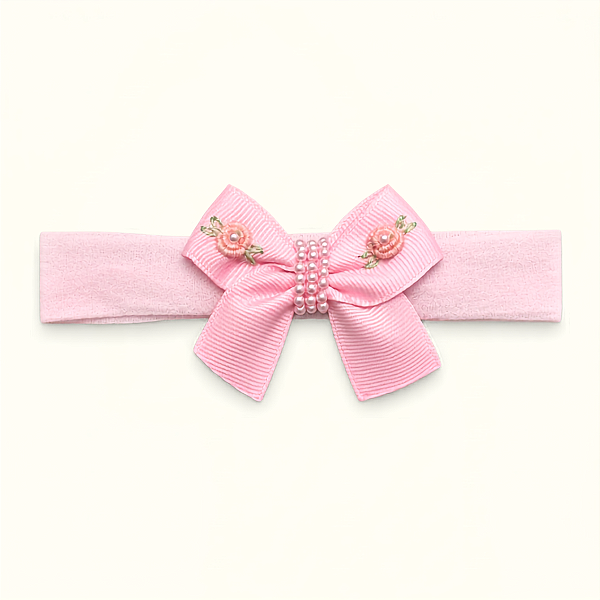 Faixa de Meia de Seda Bebê Laço Rosa Bordado Rococó Flores com Pérolas