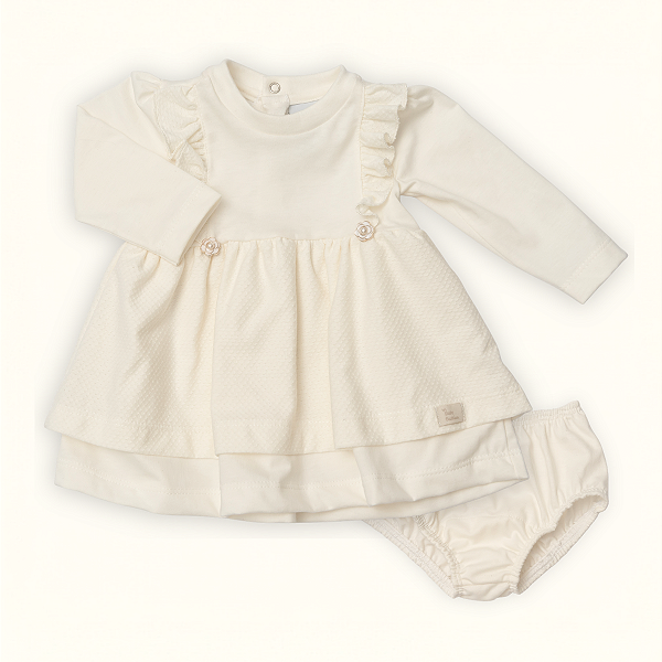 Vestido Bebê Batizado Off-White Meia Malha e Tricozinho Botão Flor