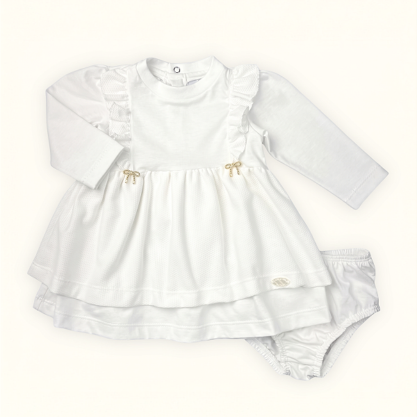 Vestido Bebê Batizado Branco Meia Malha e Tricozinho Laço Dourado
