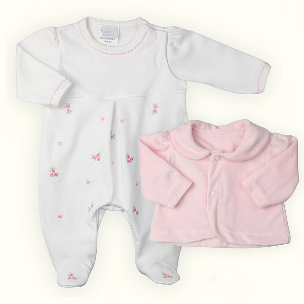 Conjunto Macacão Bebê Menina Suedine Bordado e Casaco Plush Rosa