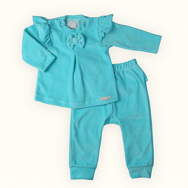 Conjunto 2 Peças Bebê Menina Plush Azul Turquesa com Babadinhos e Laço