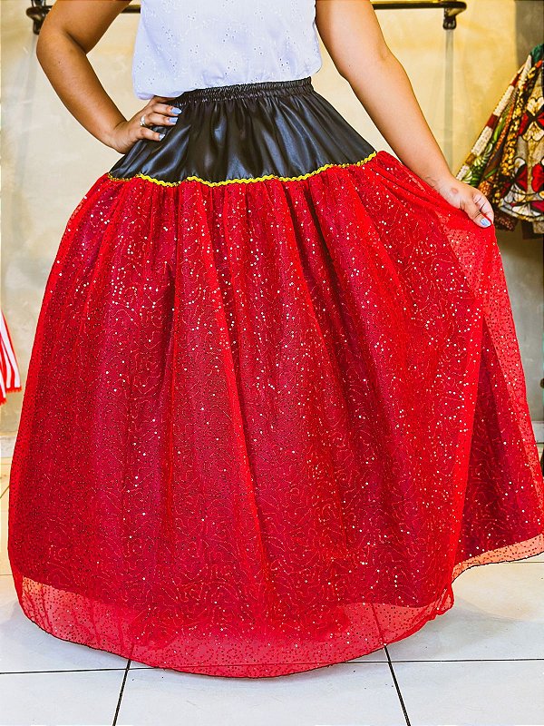 Saia vermelha e preta com strass