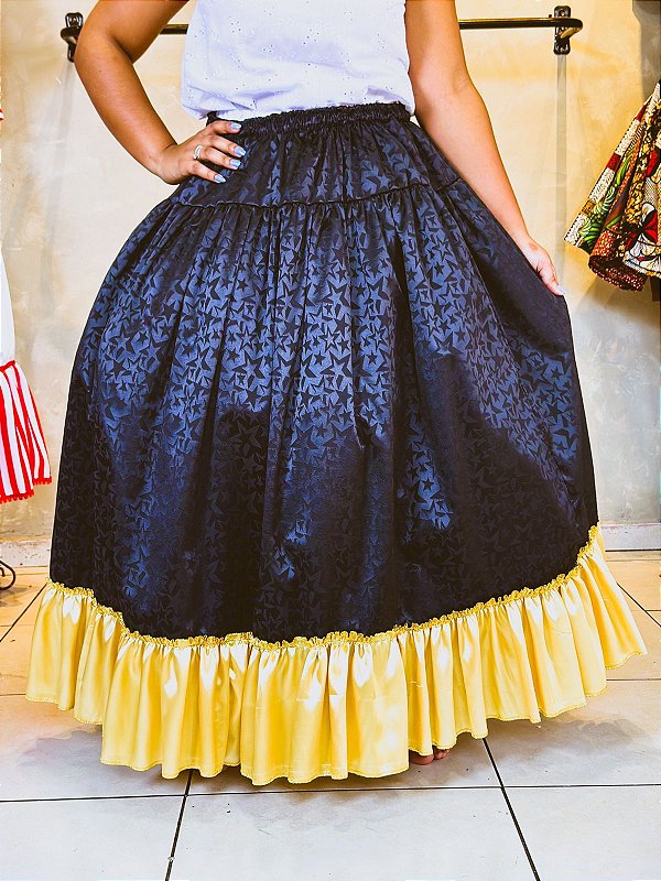 Saia Jacquard preta e amarelo