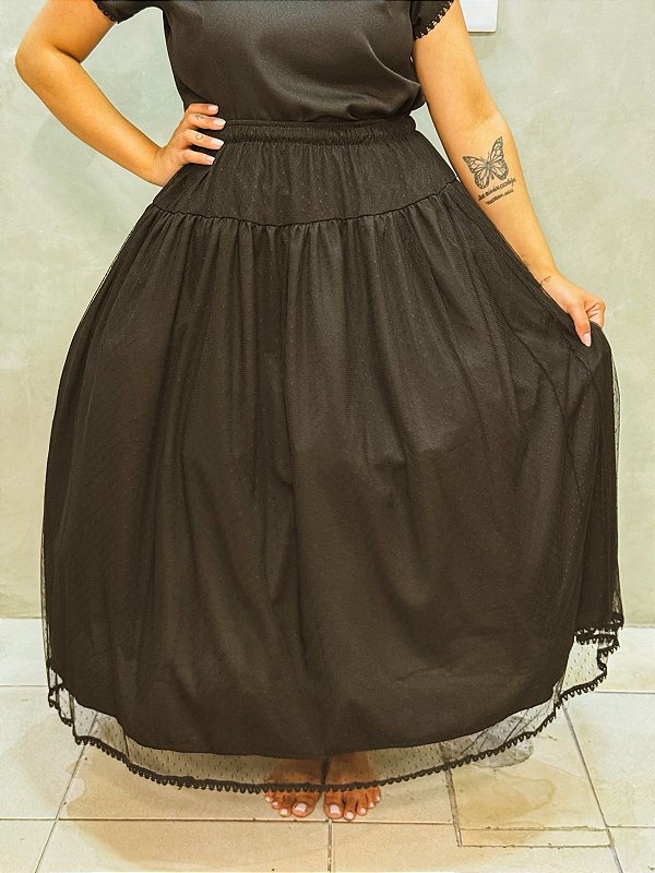 Saia renda de poá preta