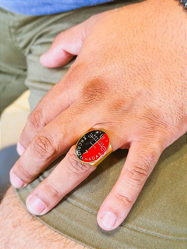 Anel Exu 7 encruzilhadas - oval vermelho e dourado