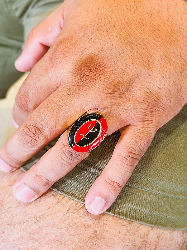 Anel tridente pomba gira  - oval vermelho e preto