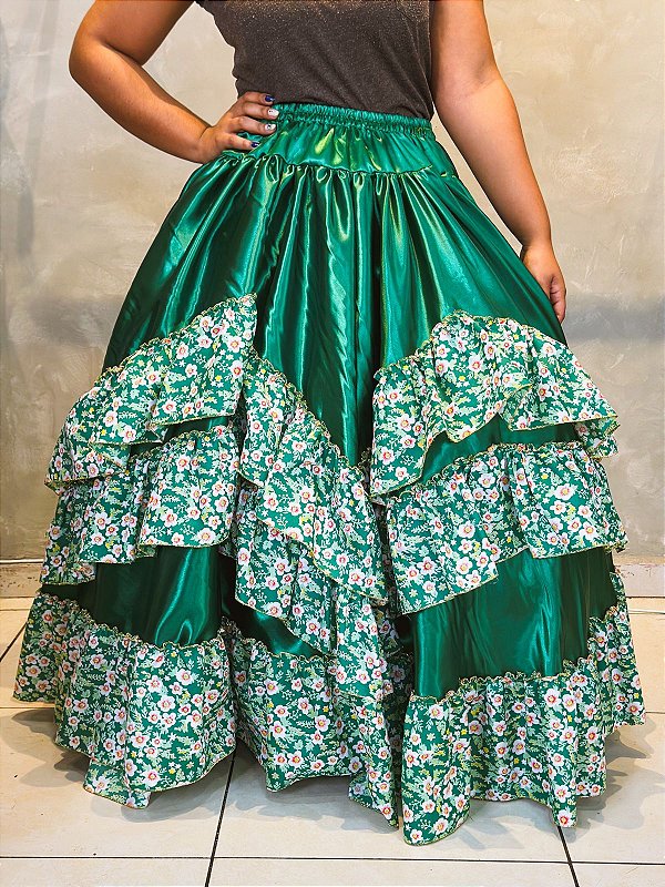 Saia luxo verde com flor 14m de roda