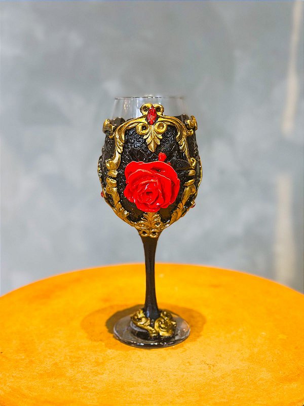 Taça luxo preta com dourado e rosa vermelha strass