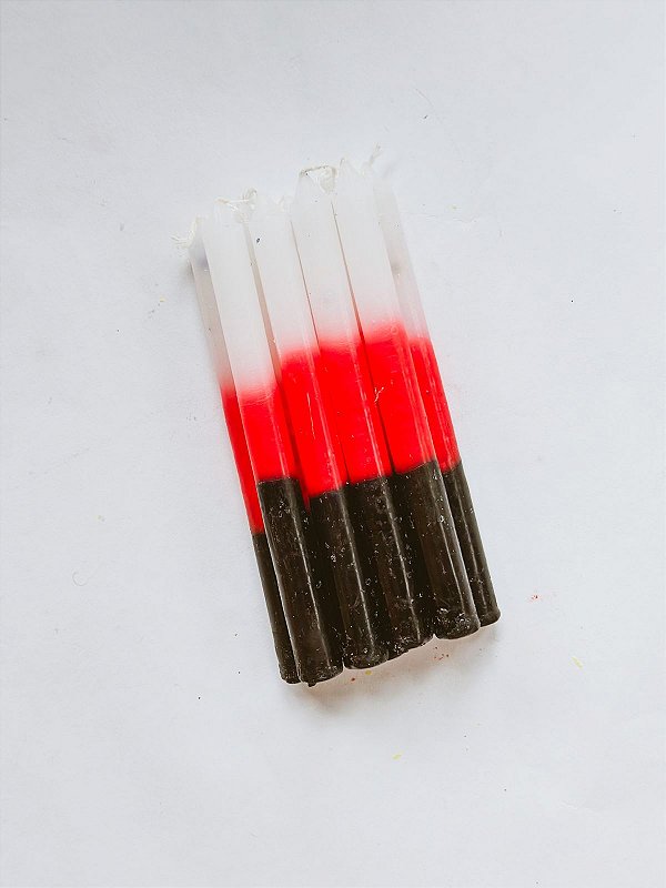 Vela palito tricolor preto, vermelho e branco - pacote com 9 un