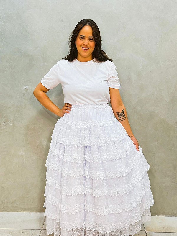 Saia 7 babados de renda branca