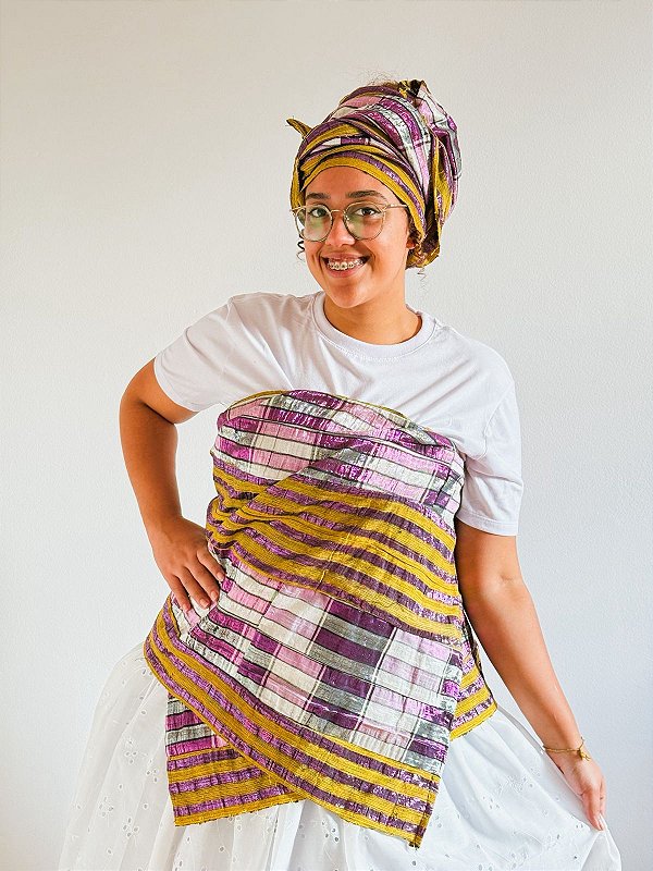 Conjunto de Ipele africano pano da costa e cabeça roxo com dourado