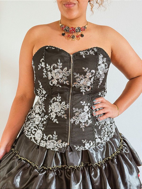 Corselet para pomba gira preto e prateado