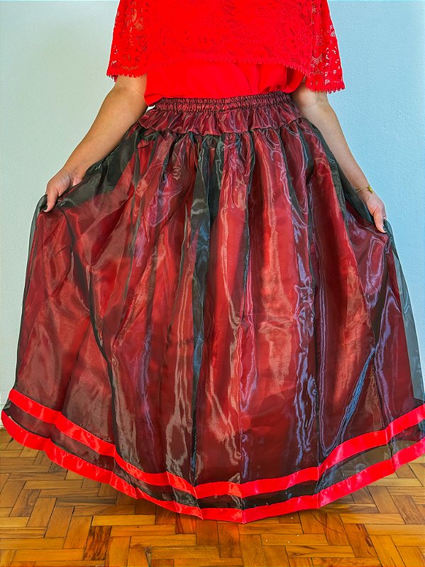 Saia organza preta e vermelha