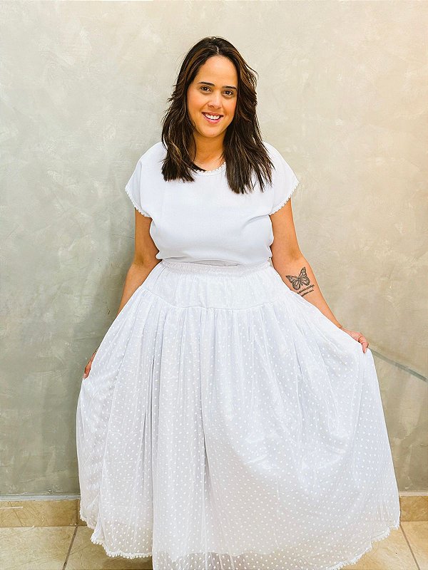 Saia light de renda poá com forro branca