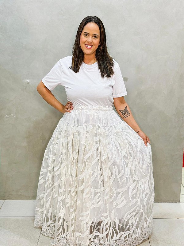 Saia branca paetê luxo com forro - edição limitada