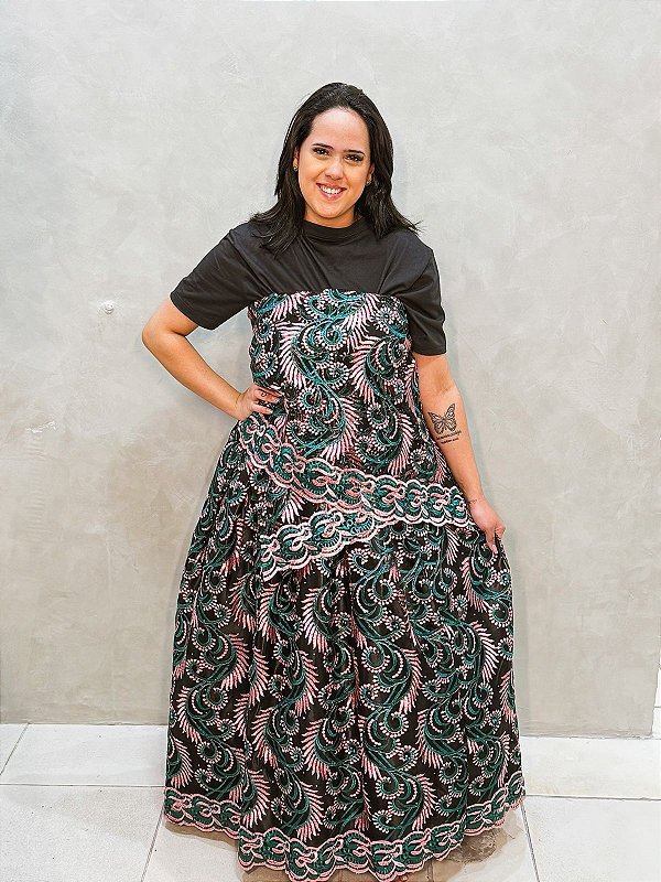 Conjunto de renda bordado rosa/verde luxo 2 peças