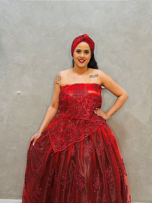 Conjunto de renda vermelha c/ forro preto luxo 3 peças