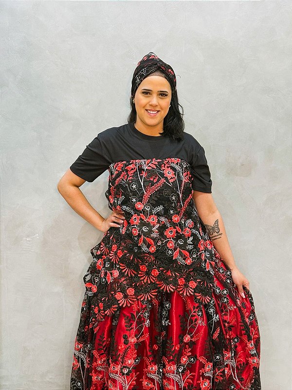 Conjunto de renda c/ bordado rosa vermelha luxo 3 peças