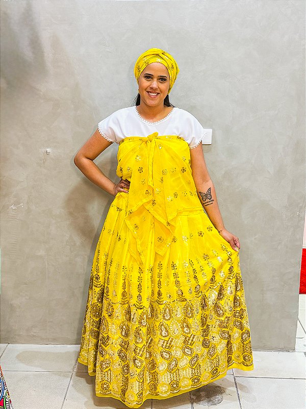 Conjunto luxo amarelo com paetê dourado  3 peças