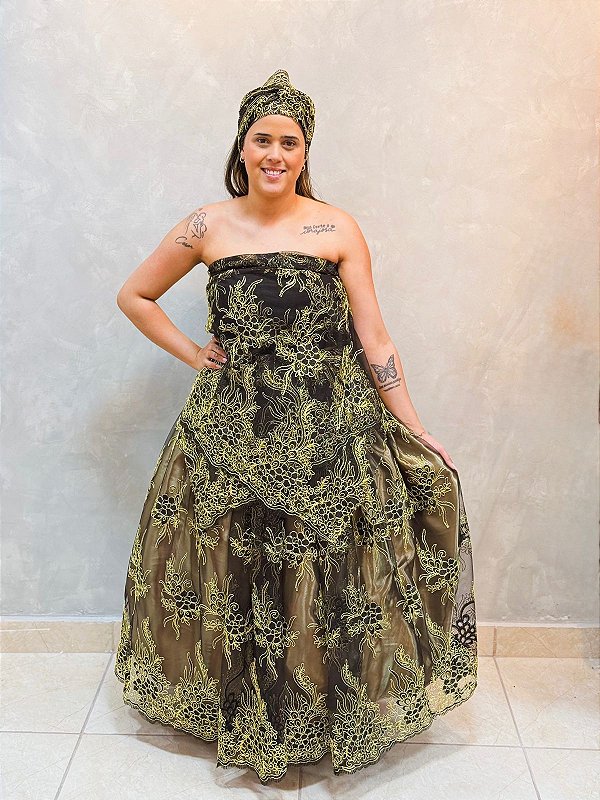 Conjunto bordado preto com dourado luxo 3 peças