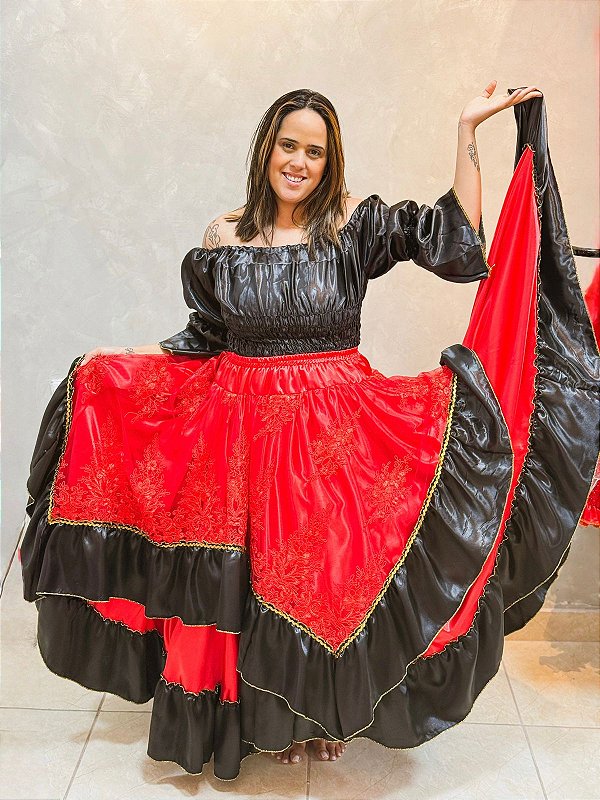 Saia luxo bordado vermelho e preto 14m