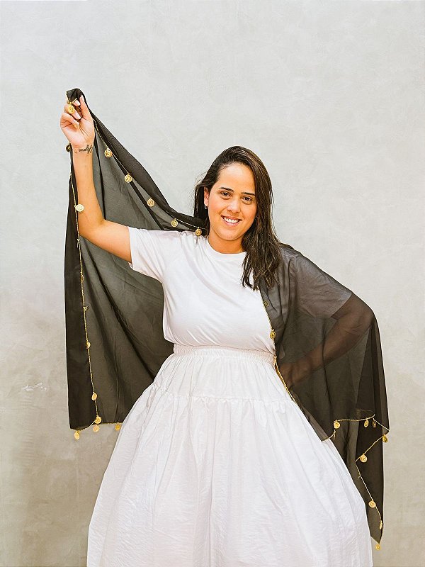 Lenço chiffon cigano com moedas preto