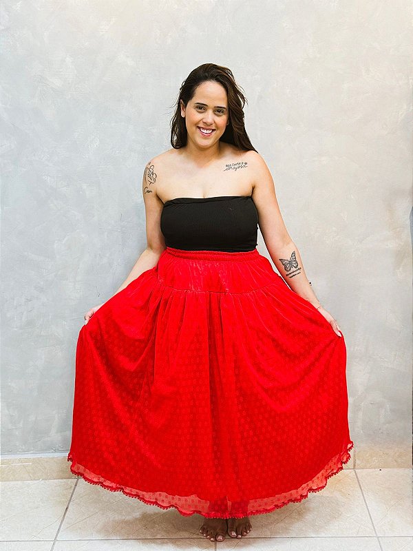 Saia light de renda florzinha com forro Vermelha